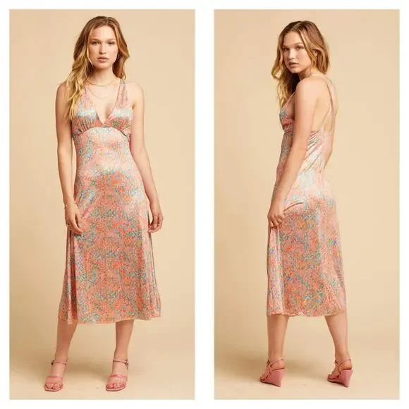 Free People Nowhere To Be Slip Dress Medium Midi Coral Floral Stretch Satin - Picture 14 of 14